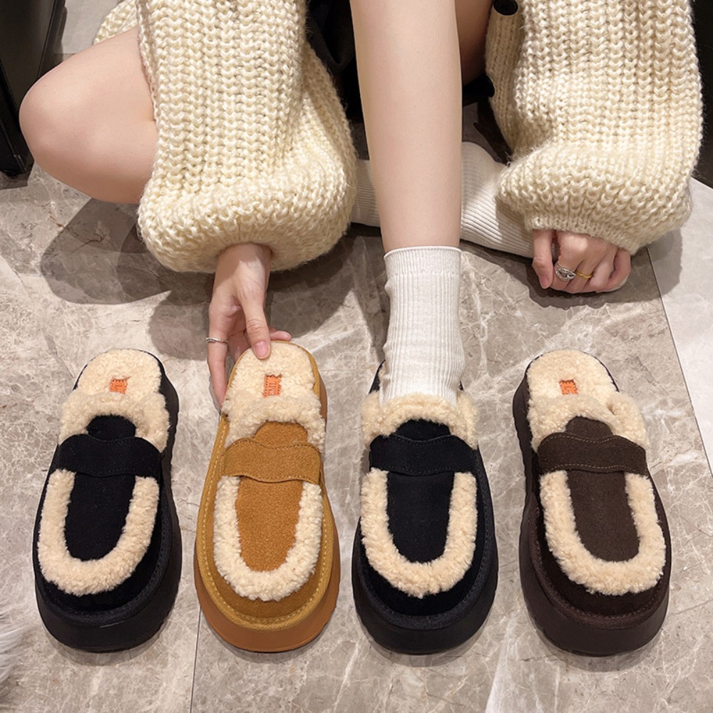 Sewing Cotton - รองเท้าแตะผู้หญิง ดีไซน์เนอร์ หนังฟรอสต์ รองเท้าบูทฤดูหนาว พื้นหนา รองเท้าแตะผ้าฝ้ายสำหรับใส่ในบ้าน