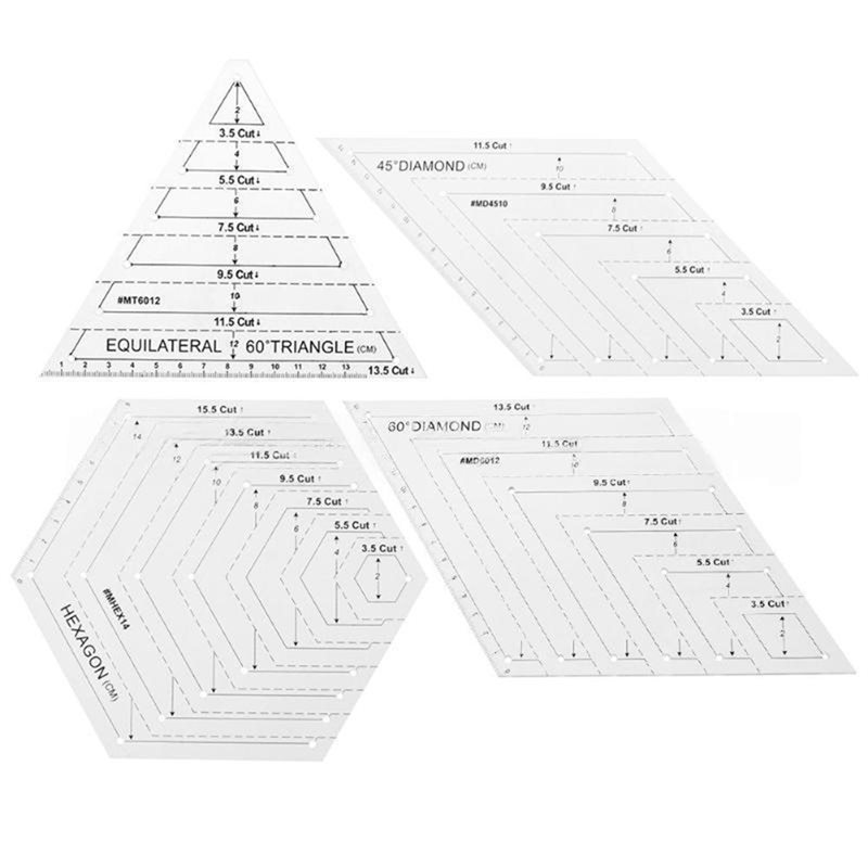 Quilting Ruler Square - A25F-4 ชิ้นชุดไม้บรรทัดควิลท์, ไม้บรรทัดพลาสติกใสสำหรับควิลท์ รูปทรงสี่เหลี่ยม สามเหลี่ยม หกเหลี่ยม