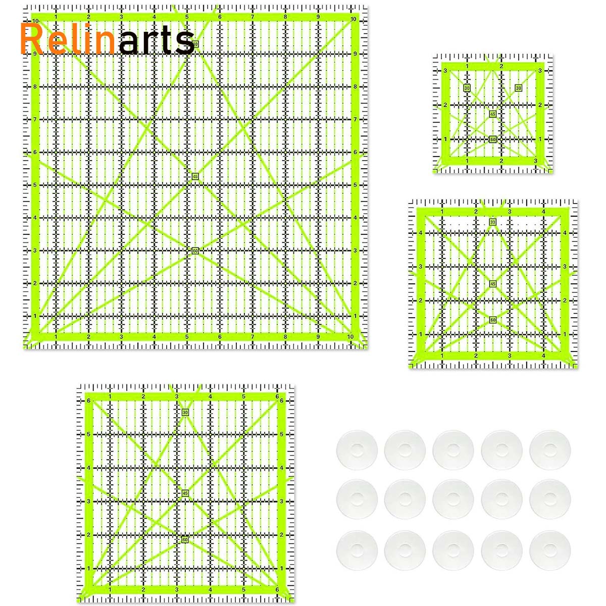 Quilting Ruler Square - ชุดไม้บรรทัดอะคริลิคทรงสี่เหลี่ยมสำหรับงานควิลท์ 4 ชิ้น + ที่จับกันลื่น 24