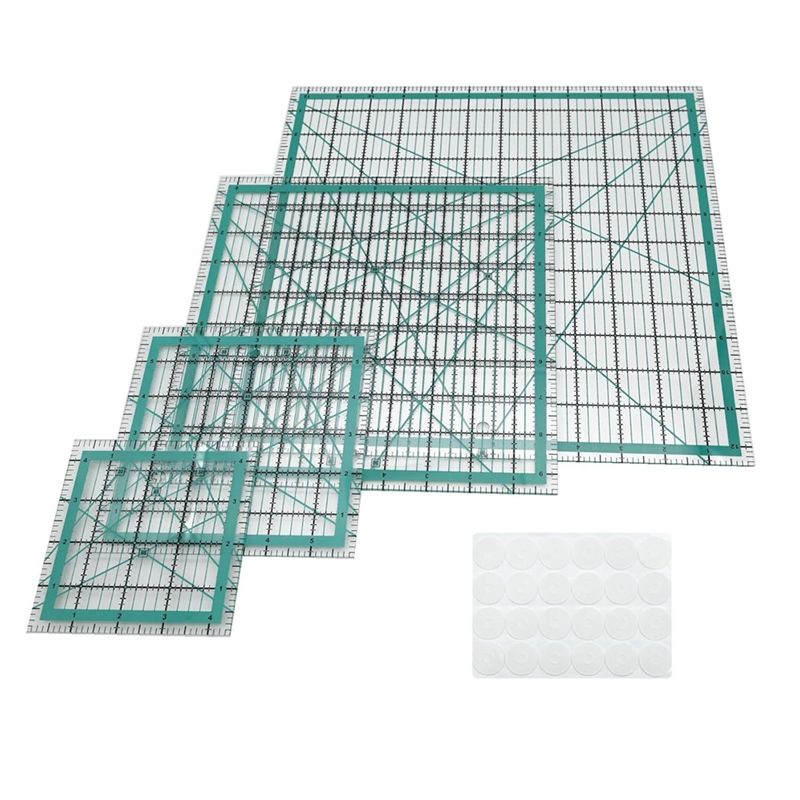 Quilting Ruler Square - ไม้บรรทัดควิลท์, ไม้บรรทัดอะคริลิกแบบแม่แบบควิลท์ 4 ช่องพร้อมวงแหวนกันลื่น 24 วง-AT36